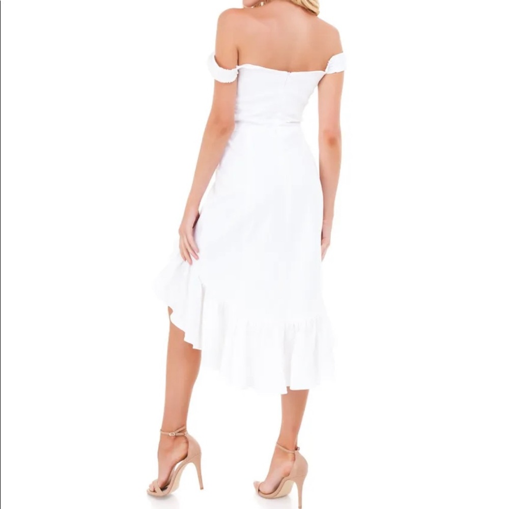 WAYF Genoa off the shoulder white linen ruffle high low hem asymmetrical dress - Picture 3 of 13